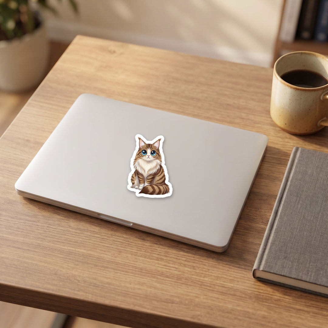 Norwegian Forest Cat Brown Tabby and White kawaii vinyl sticker on a laptop lid – Designs by Mysh