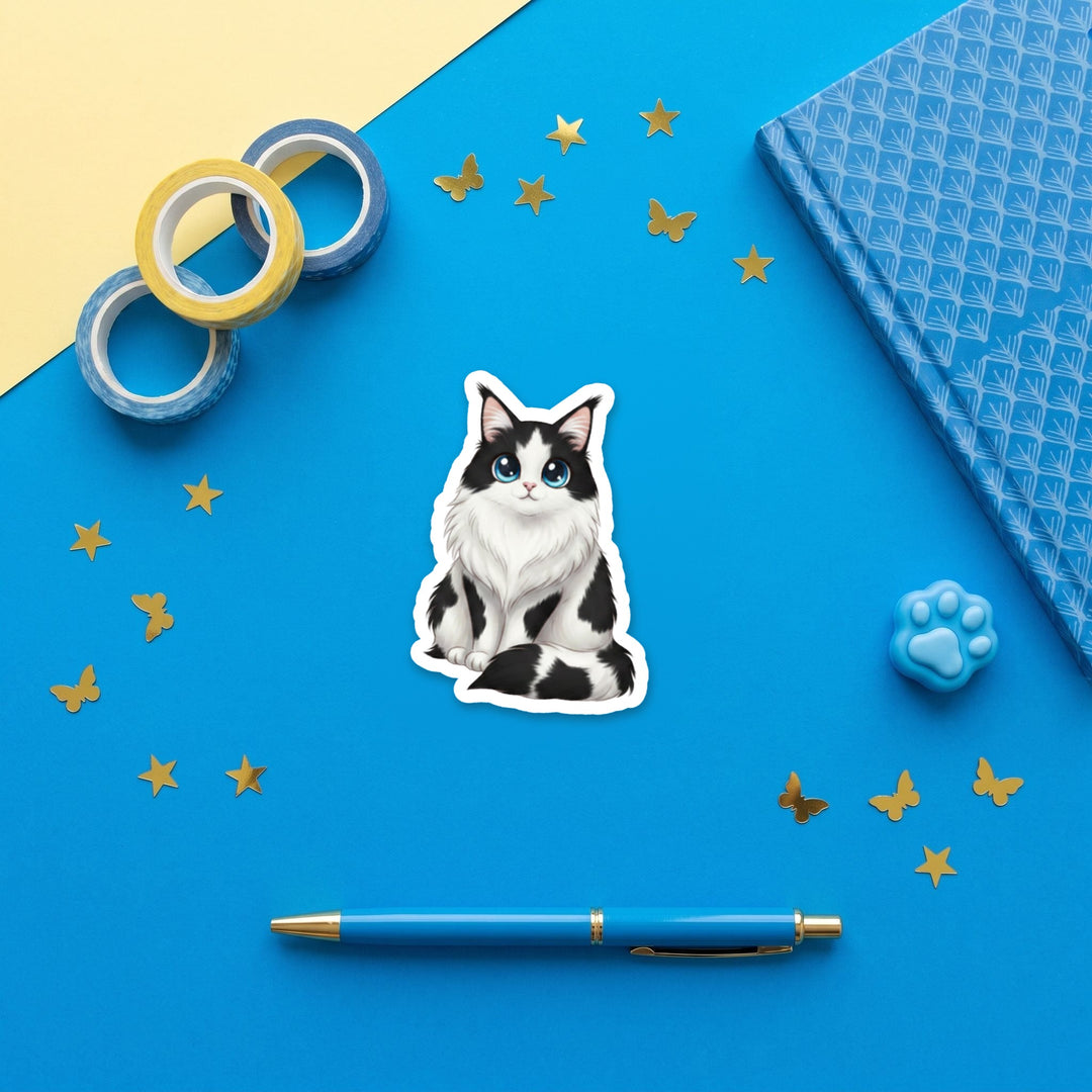 Norwegian Forest Cat Black and White kawaii 3 inch sticker flat lay with blue and yellow stationery – Designs by Mysh