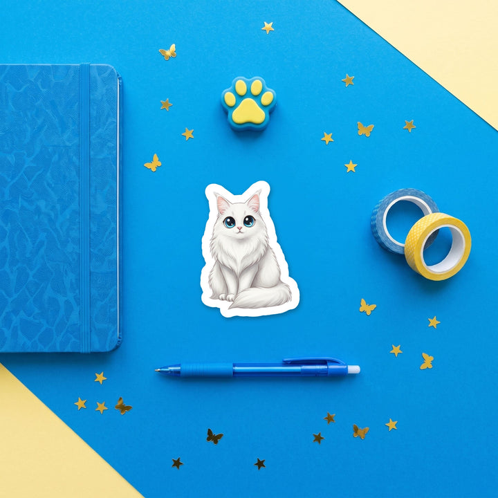 Norwegian Forest Cat White kawaii 3 inch sticker flat lay with blue and yellow stationery – Designs by Mysh