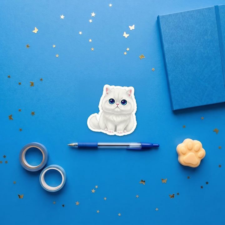 Persian White kawaii 3 inch sticker flat lay with blue and yellow stationery – Designs by Mysh