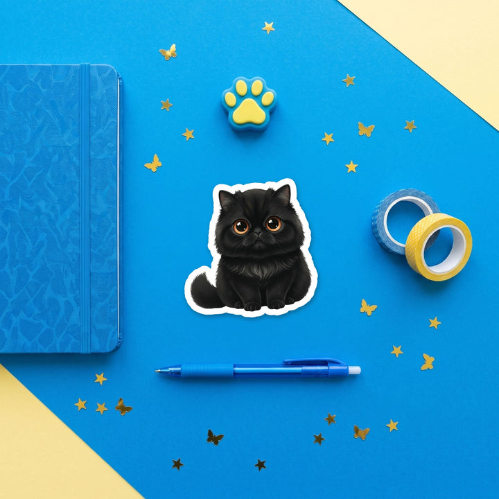 Persian Black kawaii 3 inch sticker flat lay with blue and yellow stationery – Designs by Mysh
