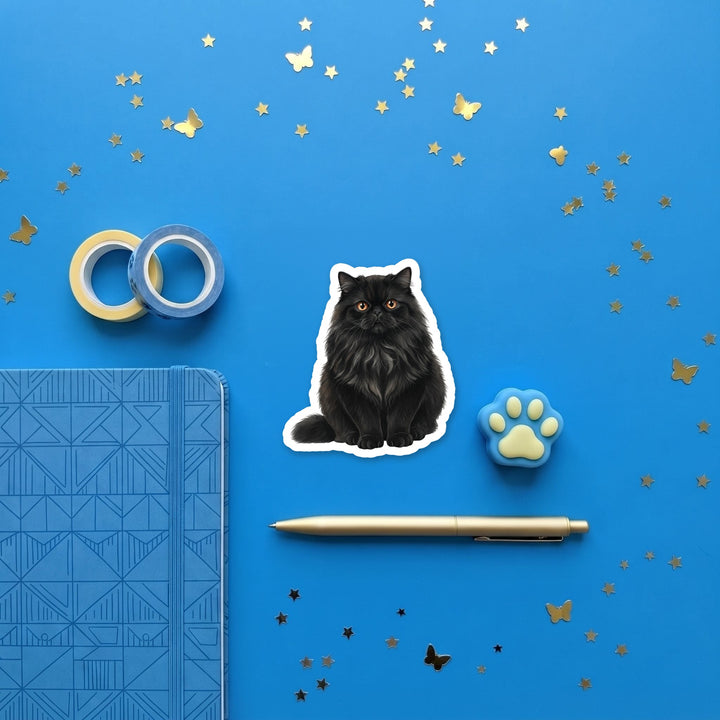 Persian Black watercolor 3 inch sticker flat lay with blue and yellow stationery – Designs by Mysh