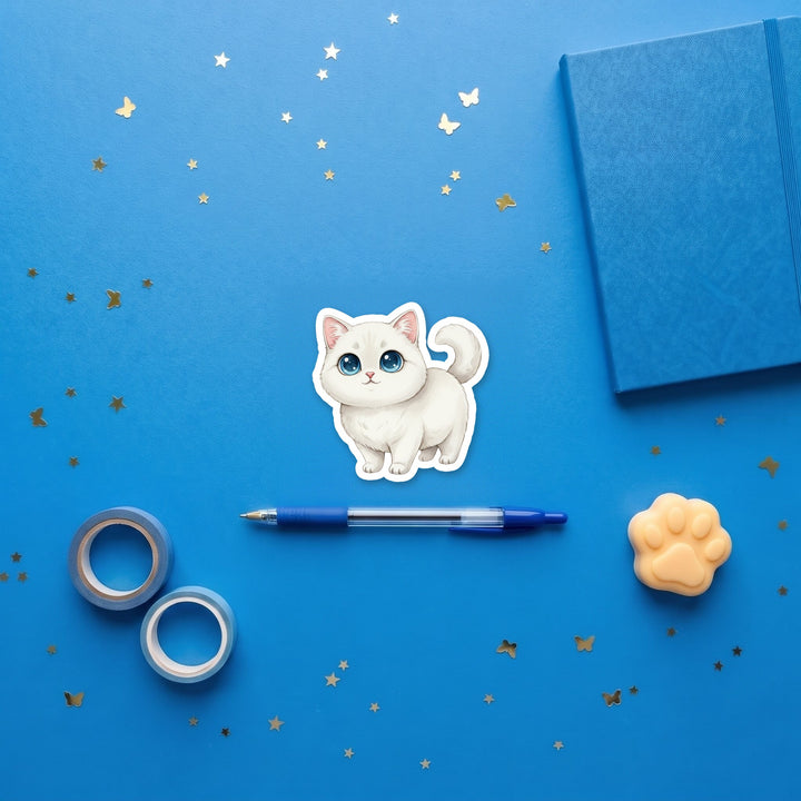 Ragamuffin White kawaii 3 inch sticker flat lay with blue and yellow stationery – Designs by Mysh