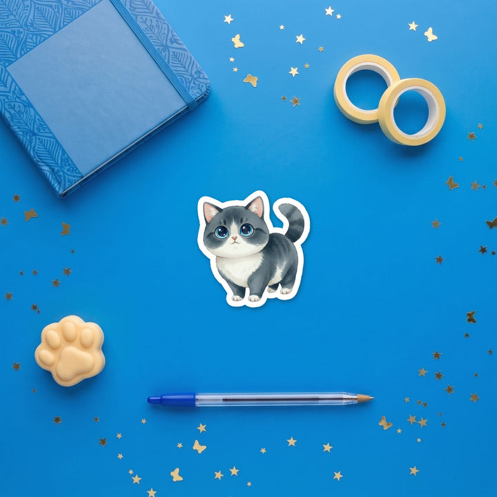 Ragamuffin Blue and White kawaii 3 inch sticker flat lay with blue and yellow stationery – Designs by Mysh