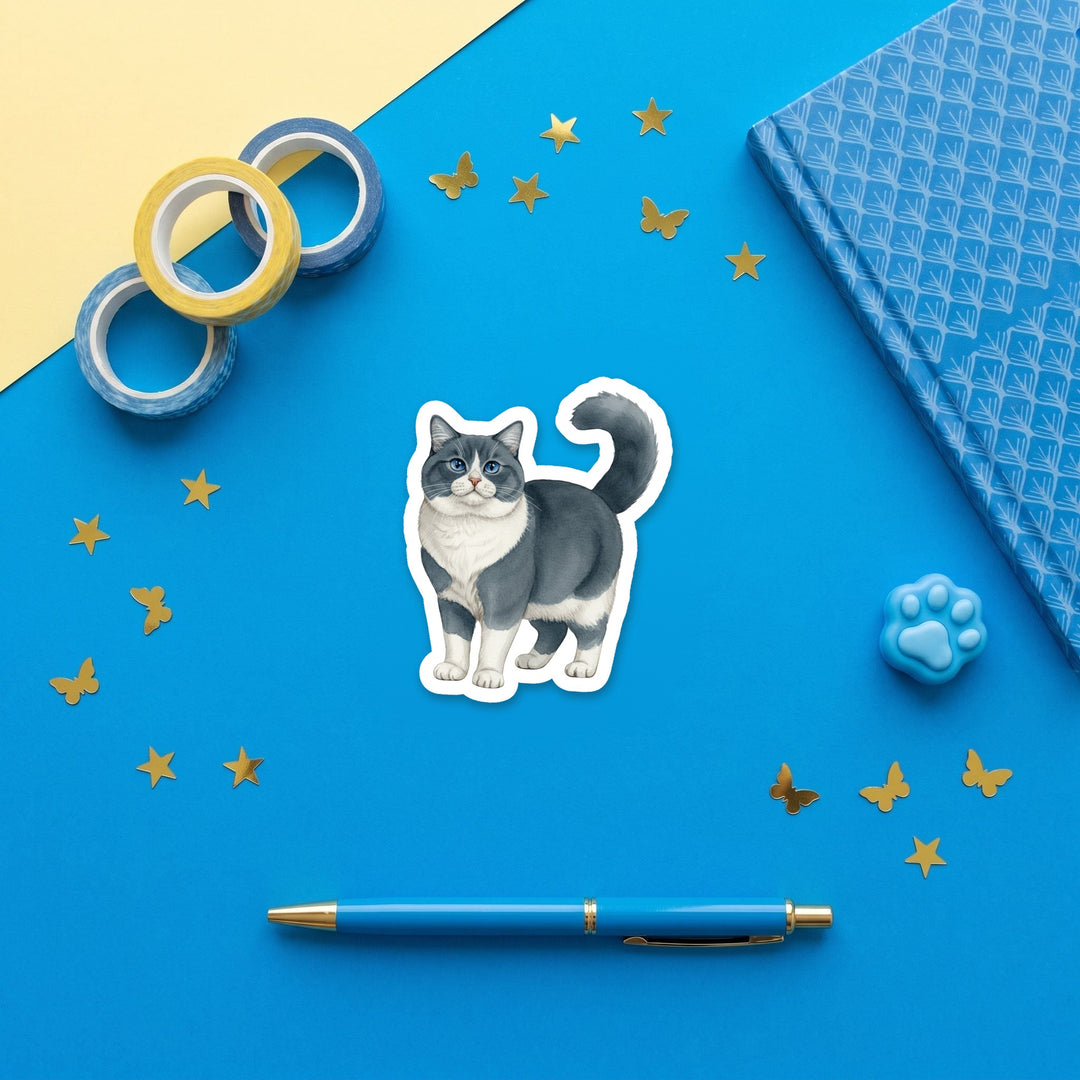 Ragamuffin Blue and White watercolor 3 inch sticker flat lay with blue and yellow stationery – Designs by Mysh