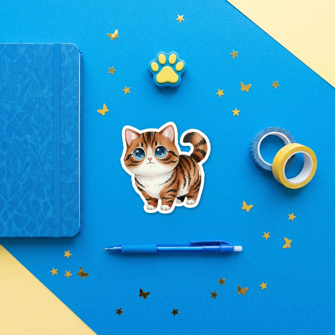 Ragamuffin Brown Tabby and White kawaii 3 inch sticker flat lay with blue and yellow stationery – Designs by Mysh