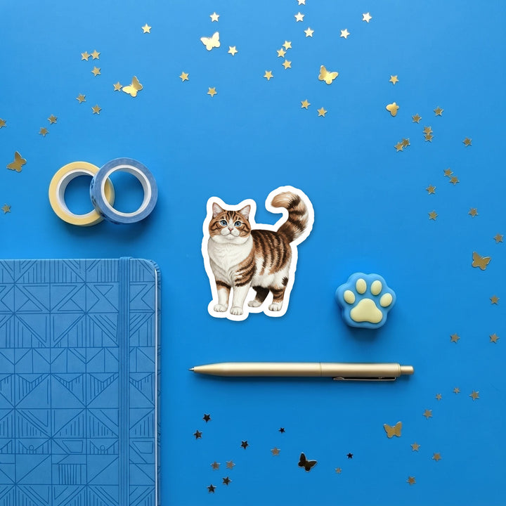 Ragamuffin Brown Tabby and White watercolor 3 inch sticker flat lay with blue and yellow stationery – Designs by Mysh