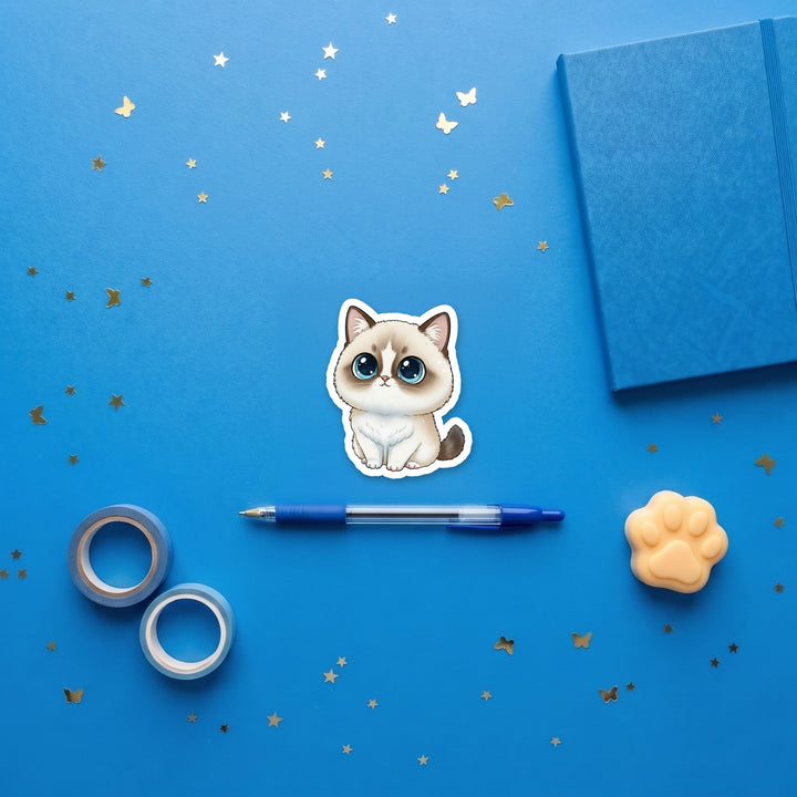Ragdoll Seal Bicolor kawaii 3 inch sticker flat lay with blue and yellow stationery – Designs by Mysh