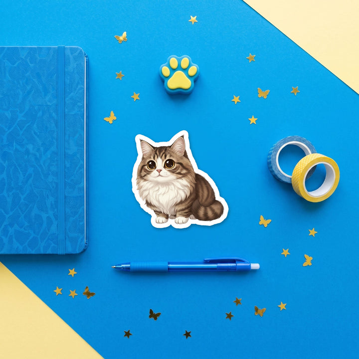 Siberian Brown Tabby kawaii 3 inch sticker flat lay with blue and yellow stationery – Designs by Mysh