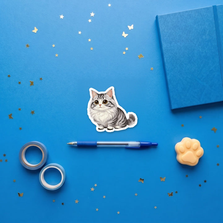 Siberian Silver Tabby kawaii 3 inch sticker flat lay with blue and yellow stationery – Designs by Mysh