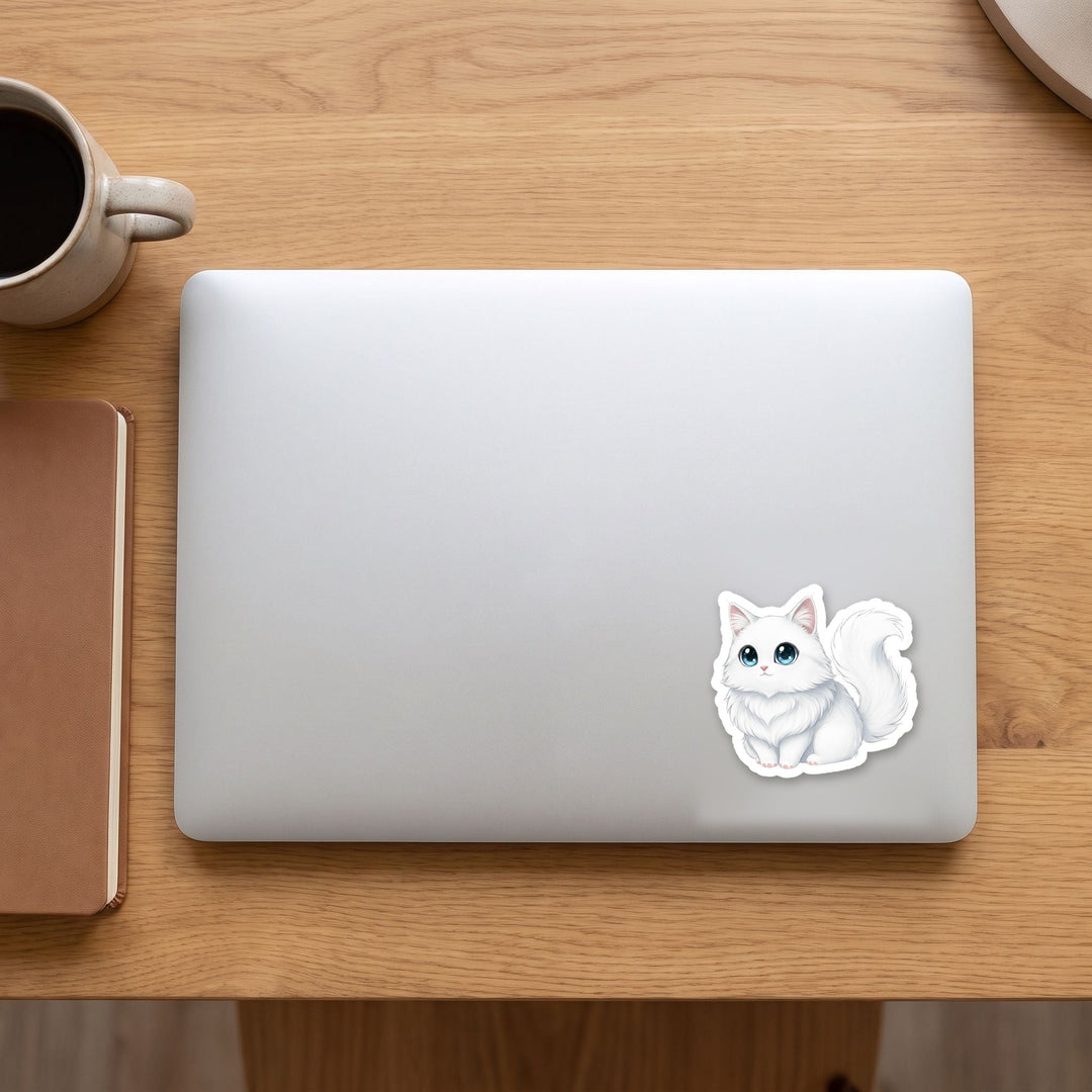 Turkish Angora White kawaii vinyl sticker on a laptop lid – Designs by Mysh