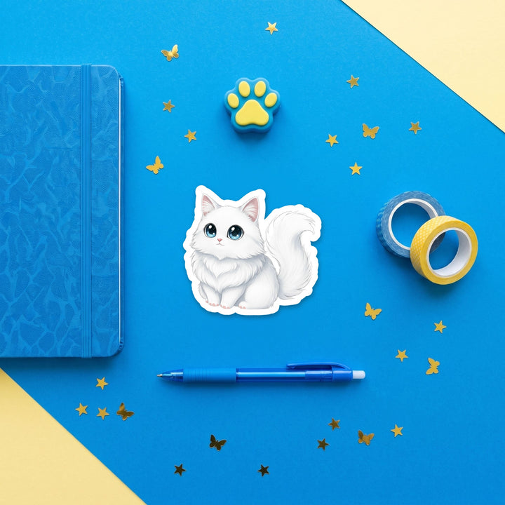 Turkish Angora White kawaii 3 inch sticker flat lay with blue and yellow stationery – Designs by Mysh