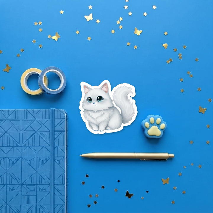 Turkish Angora Blue kawaii 3 inch sticker flat lay with blue and yellow stationery – Designs by Mysh