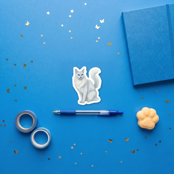 Turkish Angora Blue watercolor 3 inch sticker flat lay with blue and yellow stationery – Designs by Mysh