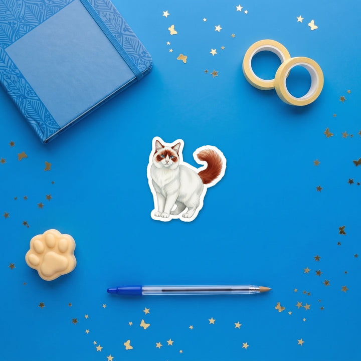 Turkish Van Red and White watercolor 3 inch sticker flat lay with blue and yellow stationery – Designs by Mysh