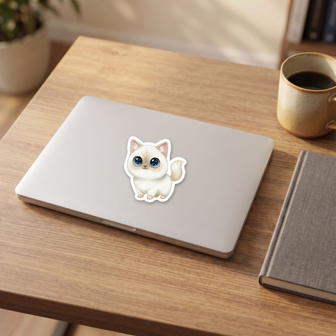 Turkish Van Cream and White kawaii vinyl sticker on a laptop lid – Designs by Mysh