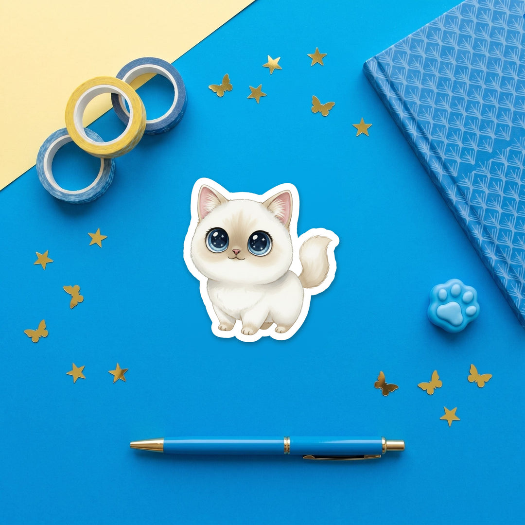 Turkish Van Cream and White kawaii 3 inch sticker flat lay with blue and yellow stationery – Designs by Mysh