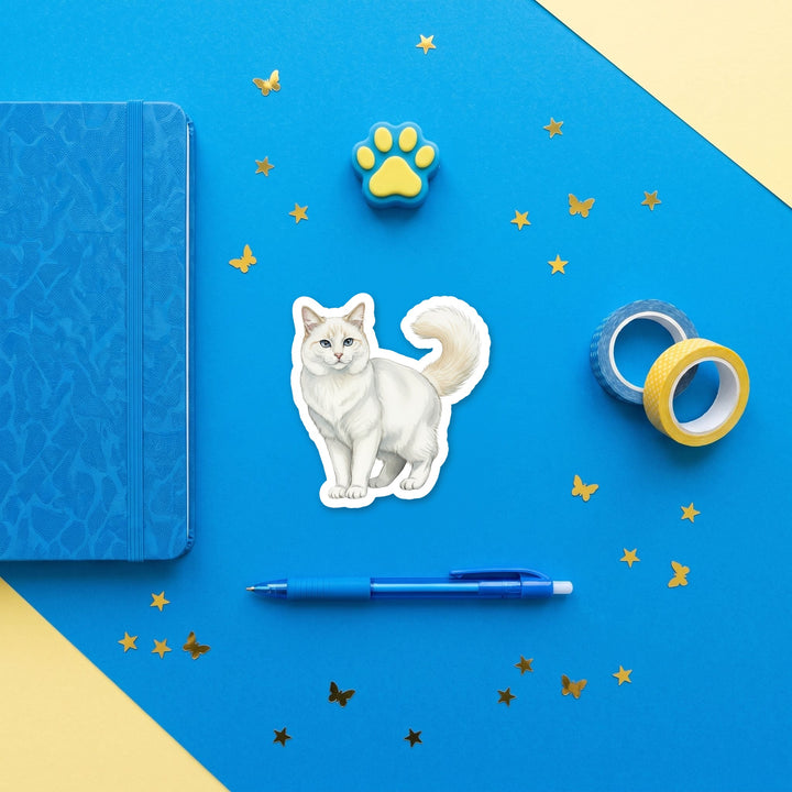 Turkish Van Cream and White watercolor 3 inch sticker flat lay with blue and yellow stationery – Designs by Mysh