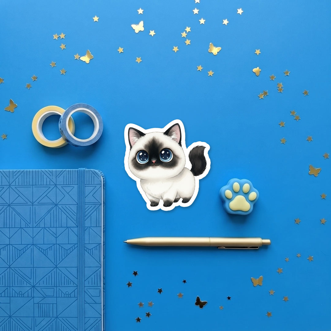 Turkish Van Black and White kawaii 3 inch sticker flat lay with blue and yellow stationery – Designs by Mysh
