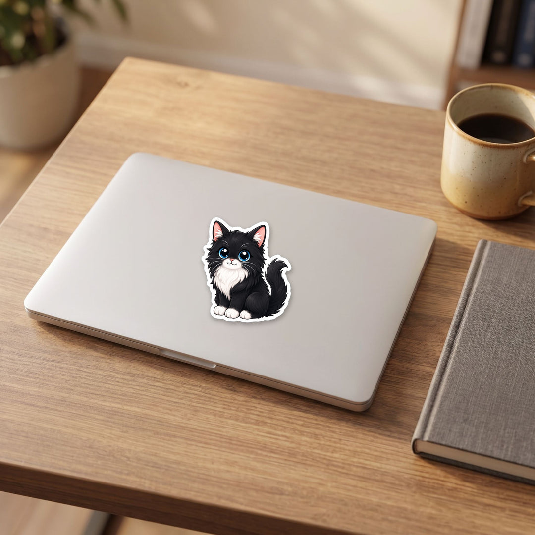 Longhair Tuxedo Cat Black and White kawaii vinyl sticker on a laptop lid – Designs by Mysh