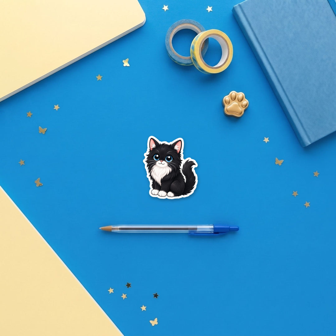 Longhair Tuxedo Cat Black and White kawaii 3 inch sticker flat lay with blue and yellow stationery – Designs by Mysh