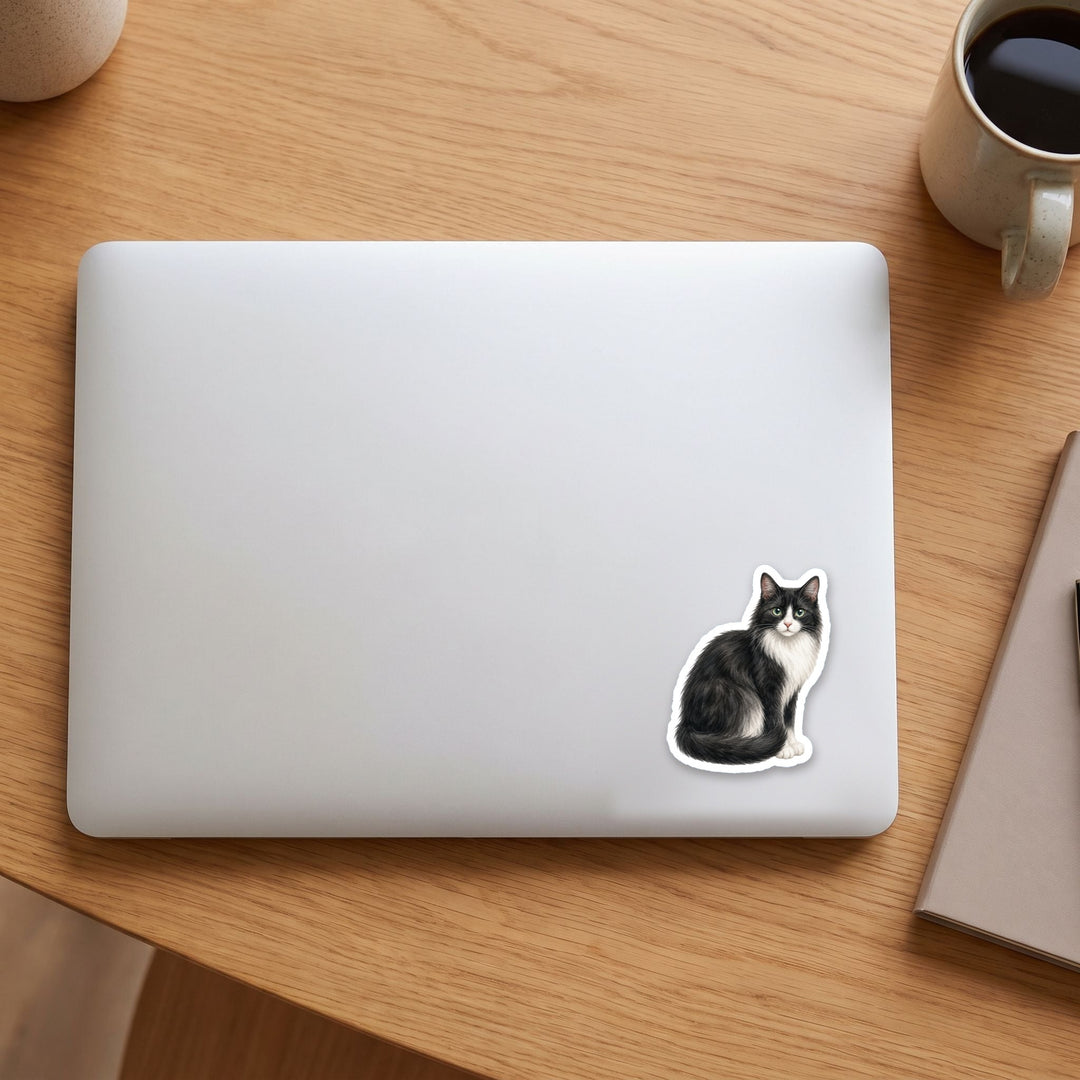 Longhair Tuxedo Cat Black and White watercolor vinyl sticker on a laptop lid – Designs by Mysh