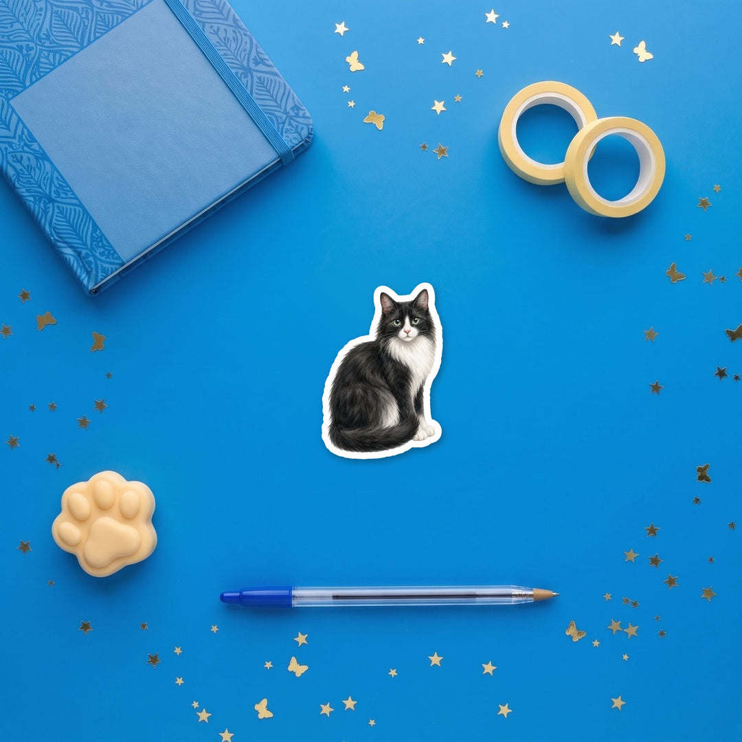 Longhair Tuxedo Cat Black and White watercolor 3 inch sticker flat lay with blue and yellow stationery – Designs by Mysh