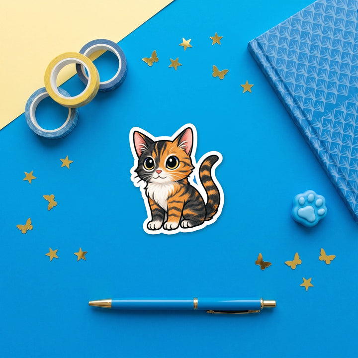 Torbie Calico kawaii 3 inch sticker flat lay with blue and yellow stationery – Designs by Mysh
