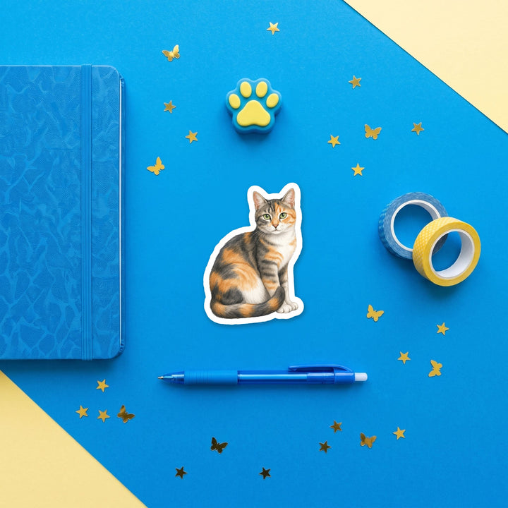 Torbie Calico watercolor 3 inch sticker flat lay with blue and yellow stationery – Designs by Mysh