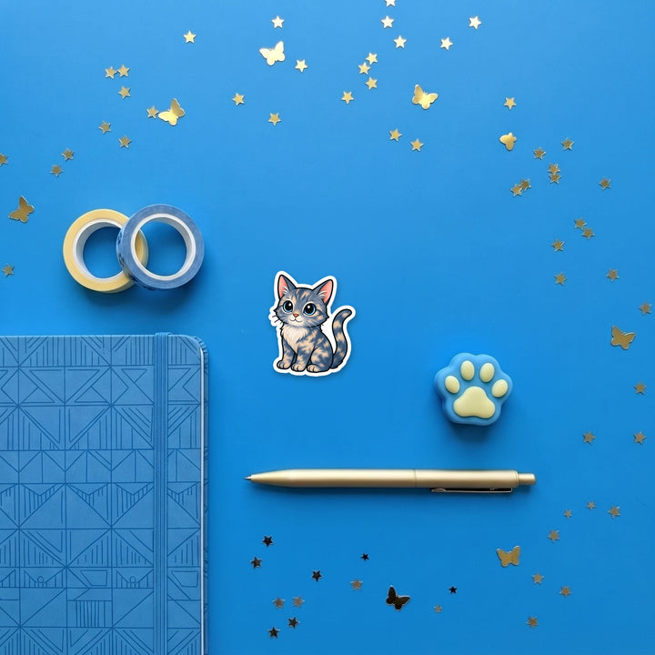 Blue-Cream Tortoiseshell kawaii 3 inch sticker flat lay with blue and yellow stationery – Designs by Mysh