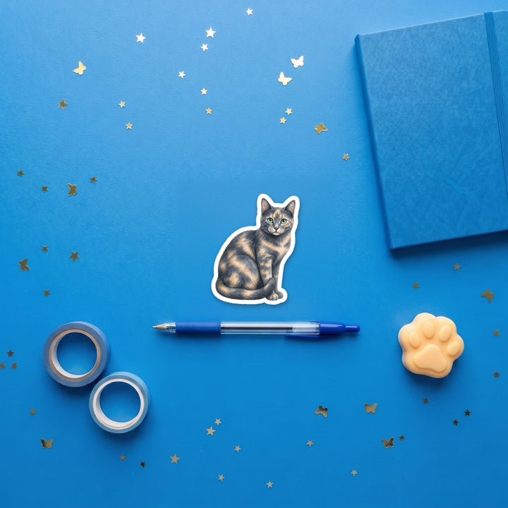 Blue-Cream Tortoiseshell watercolor 3 inch sticker flat lay with blue and yellow stationery – Designs by Mysh