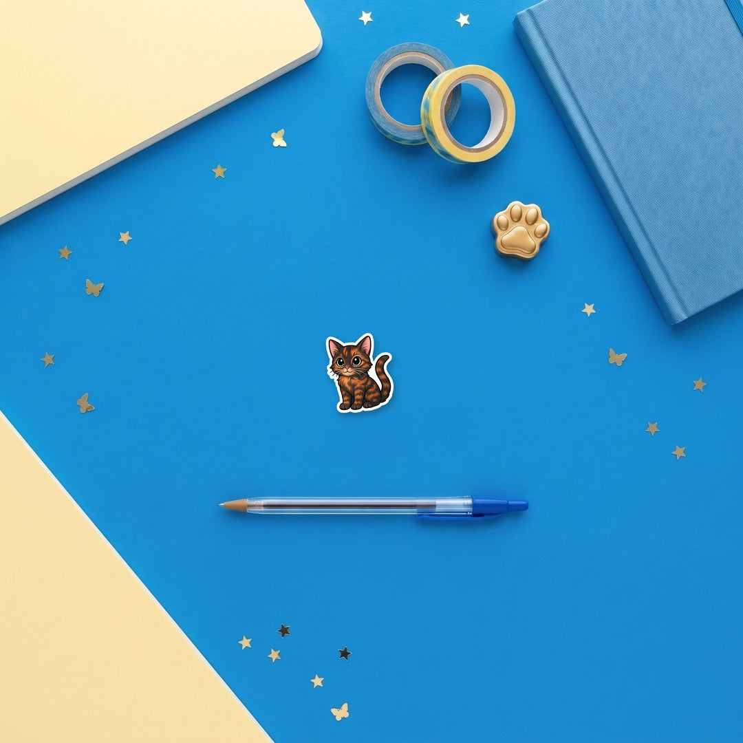 Chocolate Tortoiseshell kawaii 3 inch sticker flat lay with blue and yellow stationery – Designs by Mysh