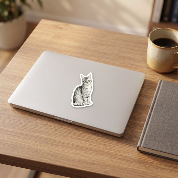 American Shorthair Silver Tabby watercolor vinyl sticker on a laptop lid – Designs by Mysh