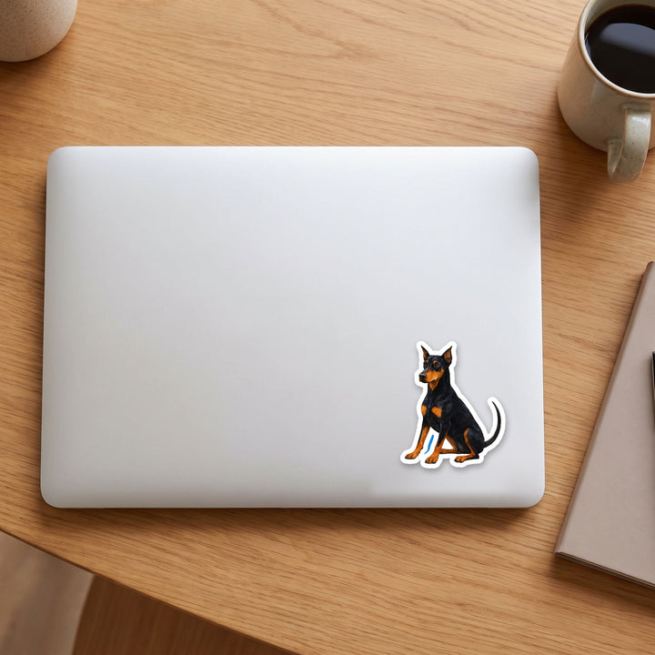 Doberman Pinscher Black and Rust watercolor vinyl sticker on a laptop lid – Designs by Mysh