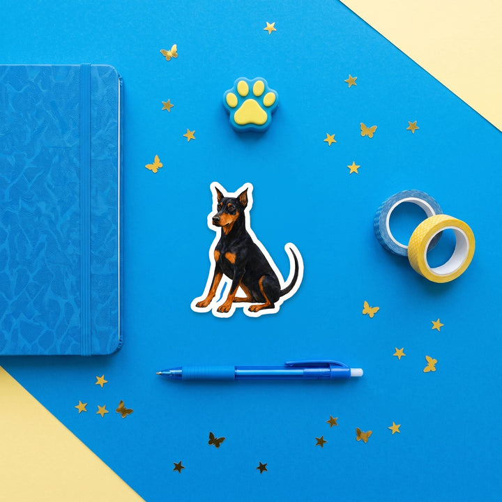 Doberman Pinscher Black and Rust watercolor 3 inch sticker flat lay with blue and yellow stationery – Designs by Mysh