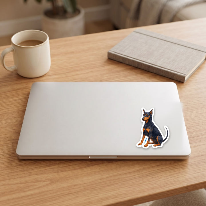 Doberman Pinscher Blue and Rust watercolor vinyl sticker on a laptop lid – Designs by Mysh