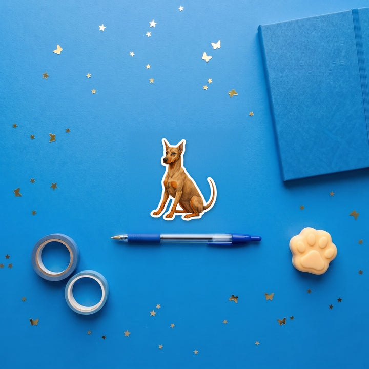 Doberman Pinscher Fawn and Rust watercolor 3 inch sticker flat lay with blue and yellow stationery – Designs by Mysh