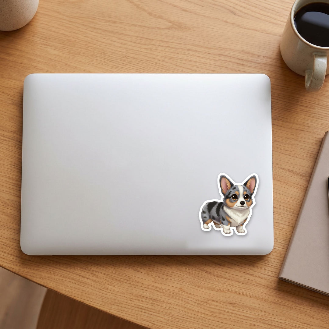 Corgi Blue Merle kawaii vinyl sticker on a laptop lid – Designs by Mysh