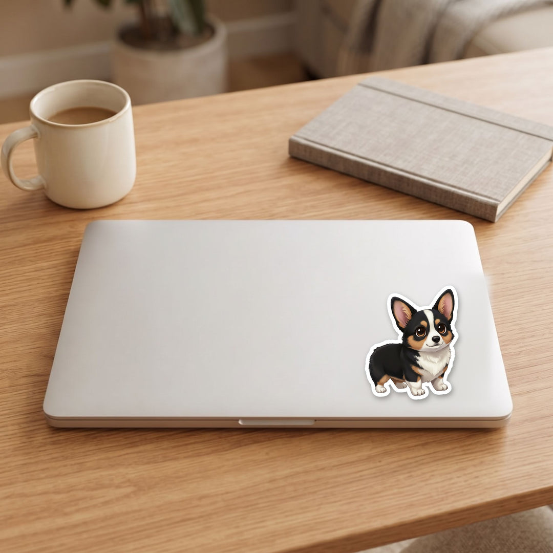 Corgi Black Tri kawaii vinyl sticker on a laptop lid – Designs by Mysh