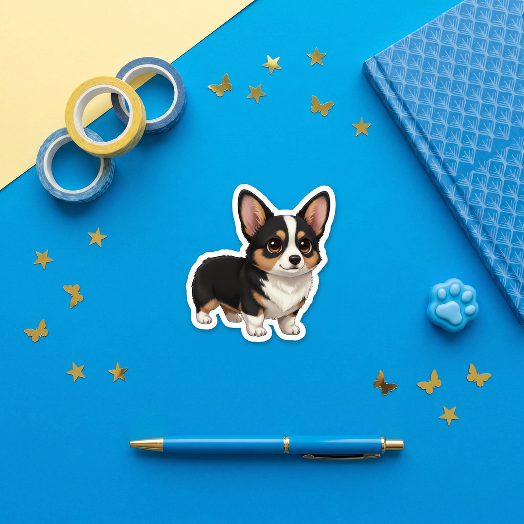 Corgi Black Tri kawaii 3 inch sticker flat lay with blue and yellow stationery – Designs by Mysh