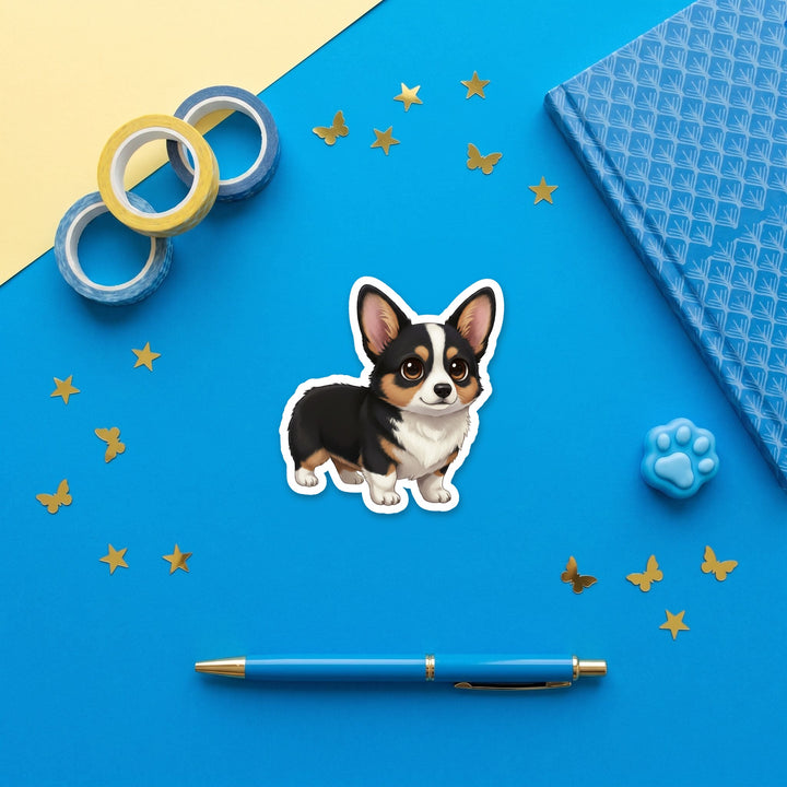 Corgi Black Tri kawaii 3 inch sticker flat lay with blue and yellow stationery – Designs by Mysh