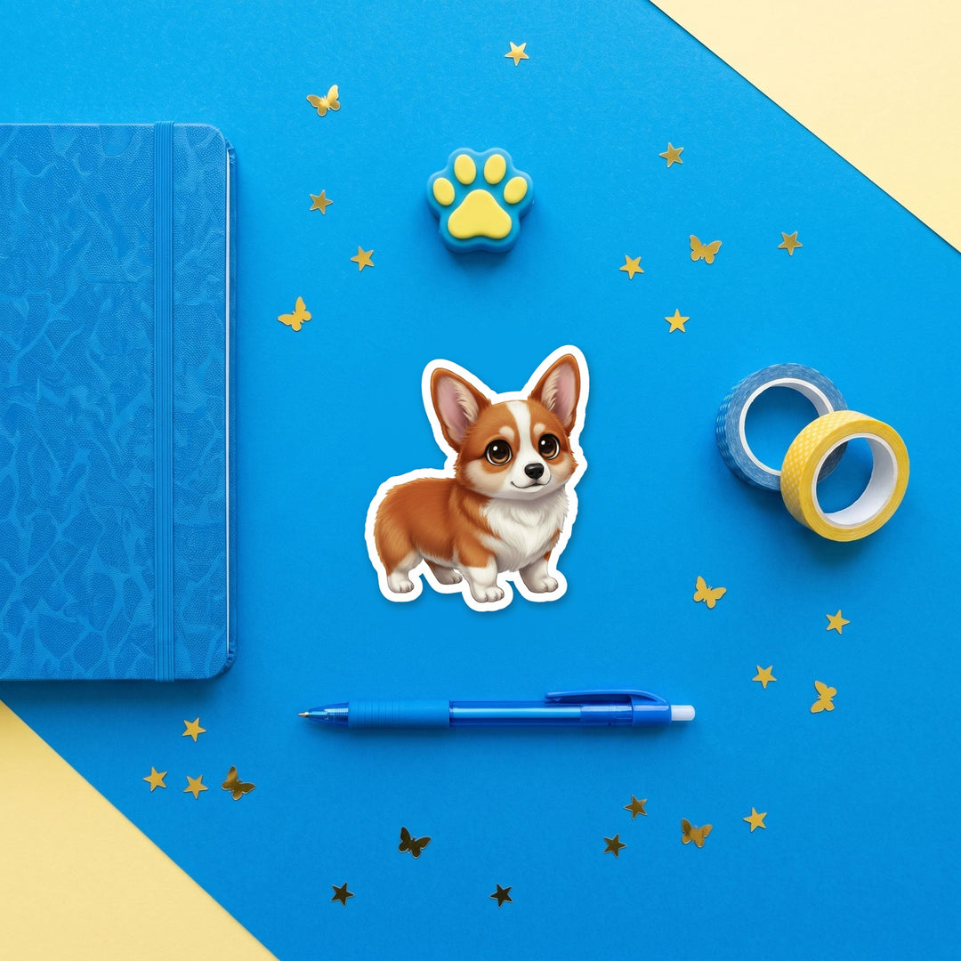 Corgi Red kawaii 3 inch sticker flat lay with blue and yellow stationery – Designs by Mysh