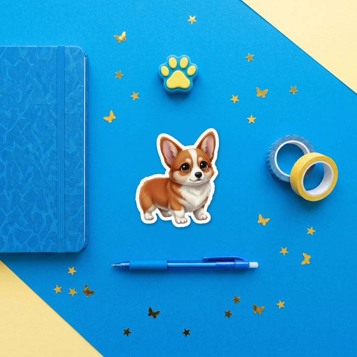 Corgi Red kawaii 3 inch sticker flat lay with blue and yellow stationery – Designs by Mysh