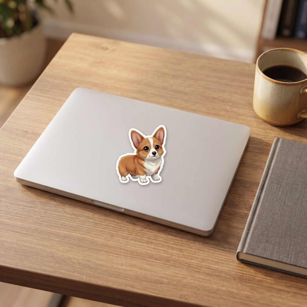 Corgi Fawn kawaii vinyl sticker on a laptop lid – Designs by Mysh