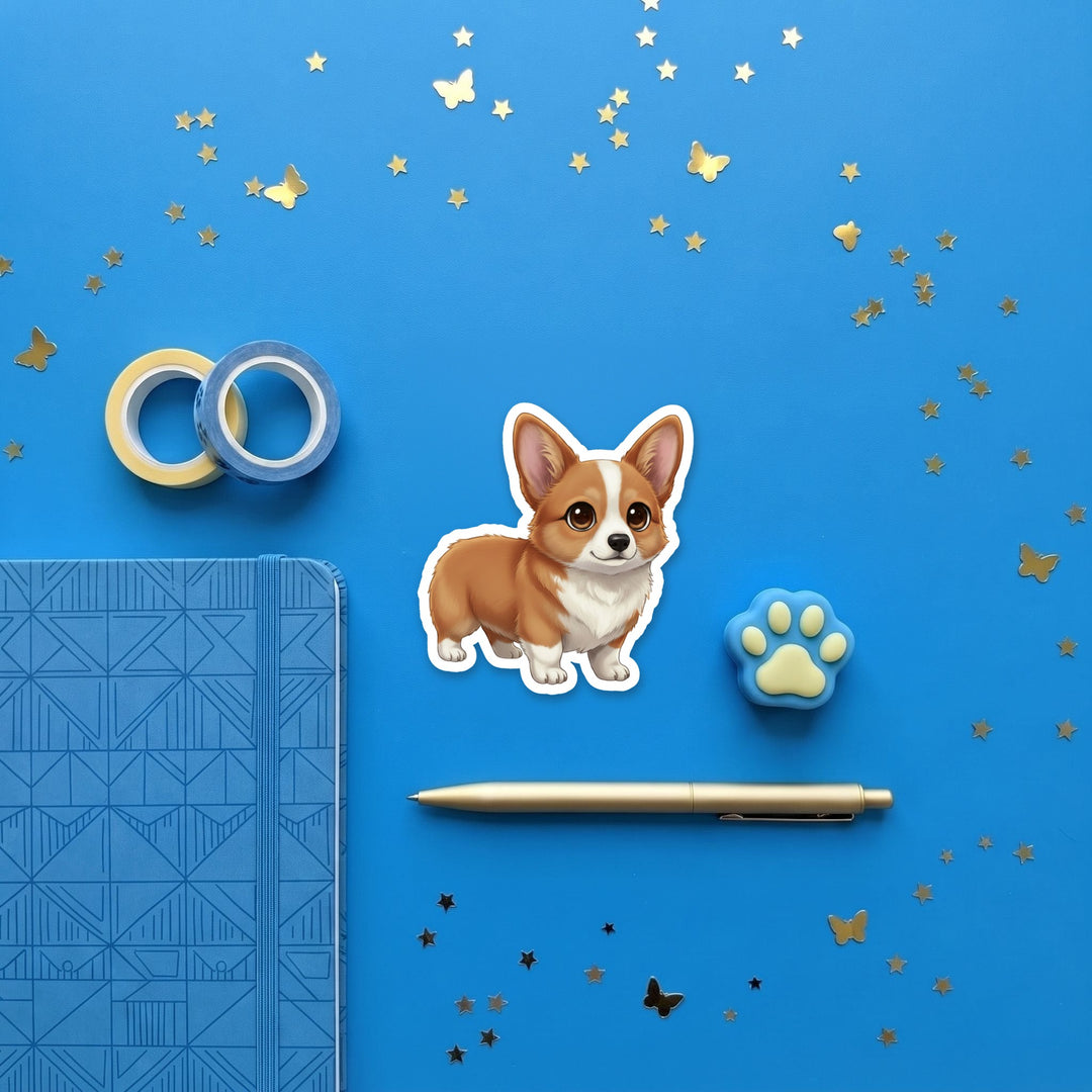 Corgi Fawn kawaii 3 inch sticker flat lay with blue and yellow stationery – Designs by Mysh