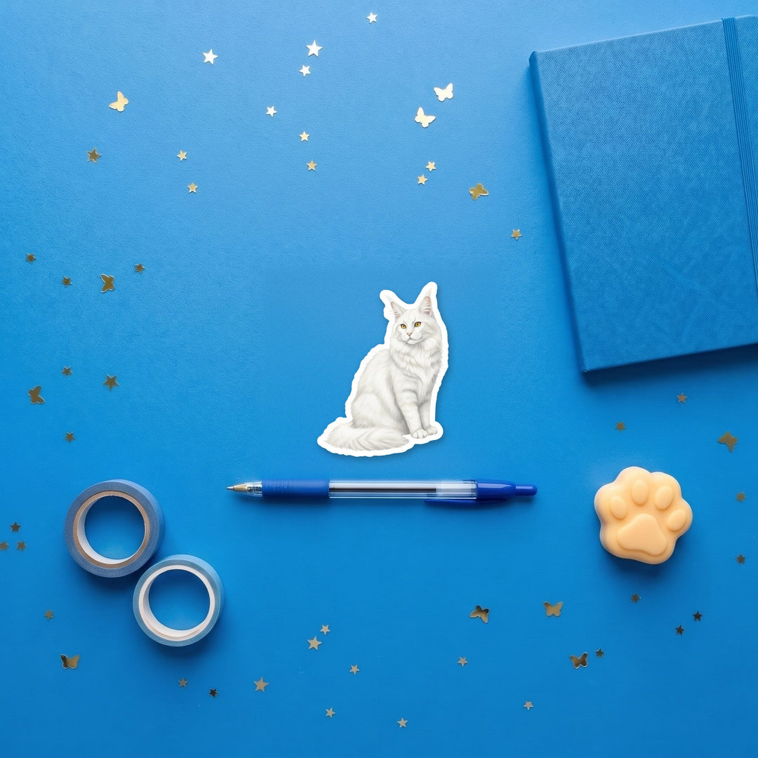 Maine Coon White Tabby watercolor 3 inch sticker flat lay with blue and yellow stationery – Designs by Mysh