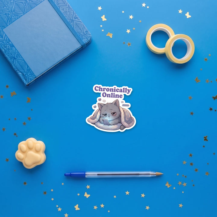 Chronically Online 3 inch sticker flat lay with blue and yellow stationery – Designs by Mysh