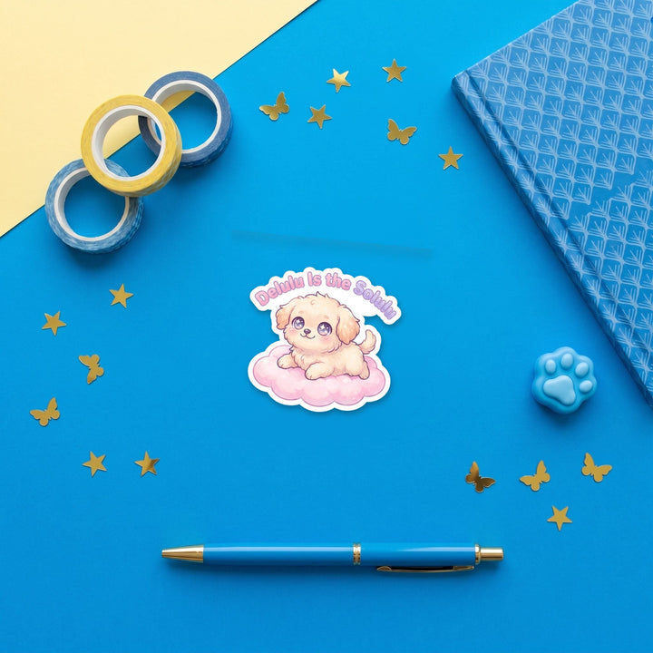 Delulu Is the Solulu 3 inch sticker flat lay with blue and yellow stationery – Designs by Mysh