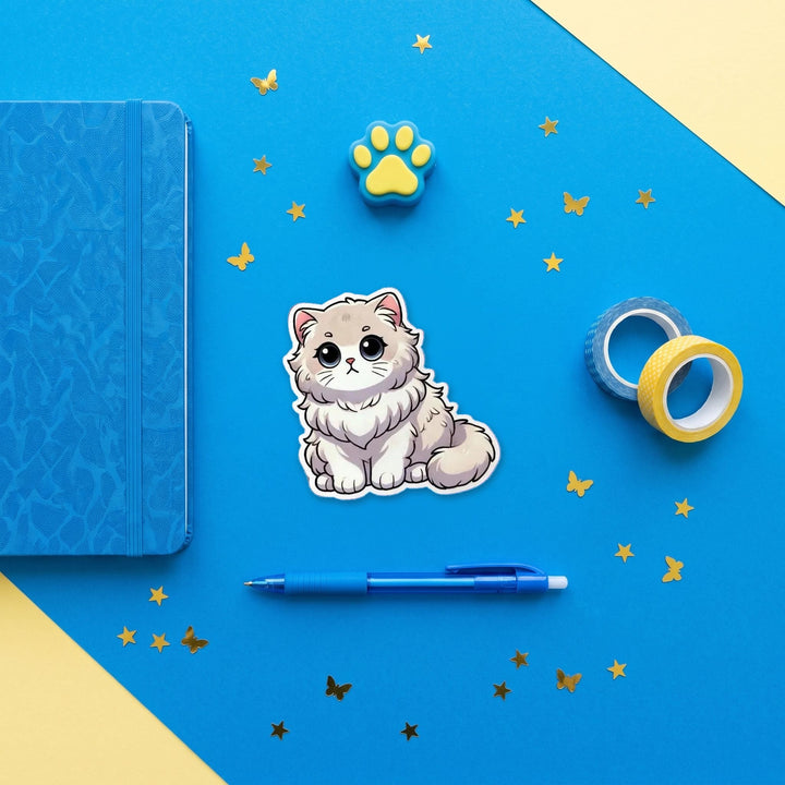 British Longhair kawaii 3 inch fridge magnet flat lay with blue and yellow stationery – Designs by Mysh