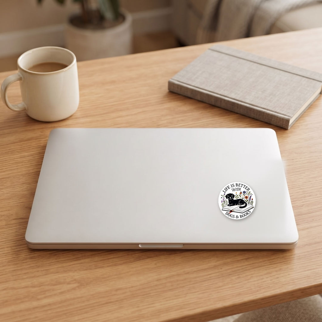 Life is Better with Dogs and Books vinyl sticker on a laptop lid – Designs by Mysh